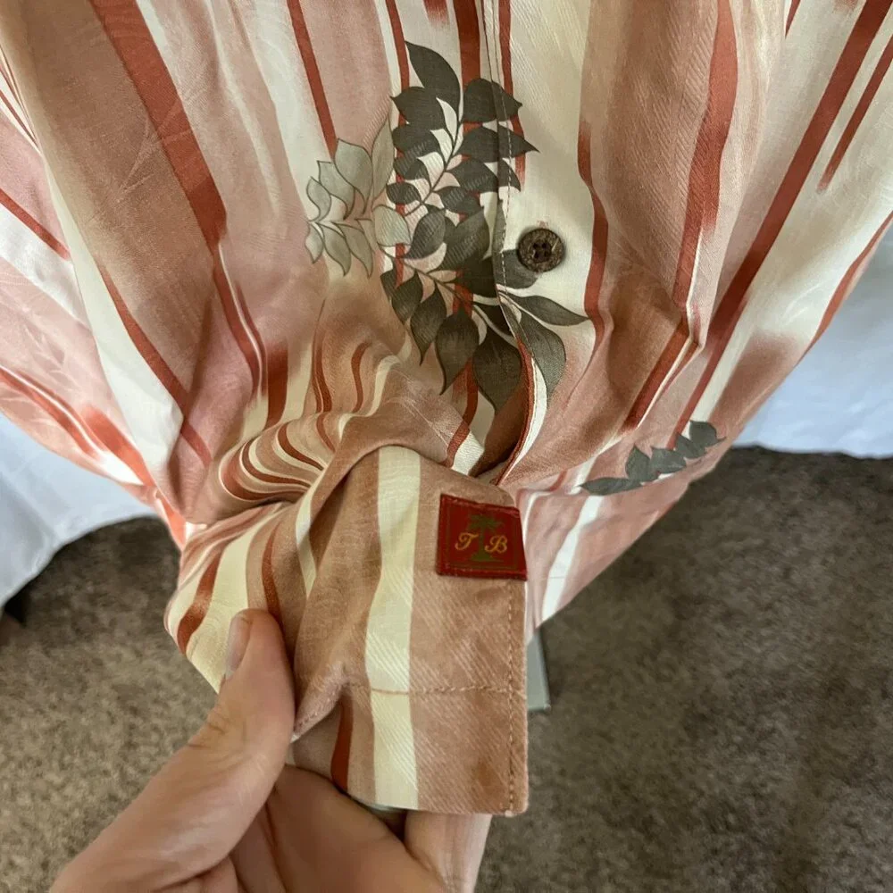 🌴 Tommy Bahama Men’s Pink Ivory Gray 100% Silk Hawaiian Shirt XXL 🍹
